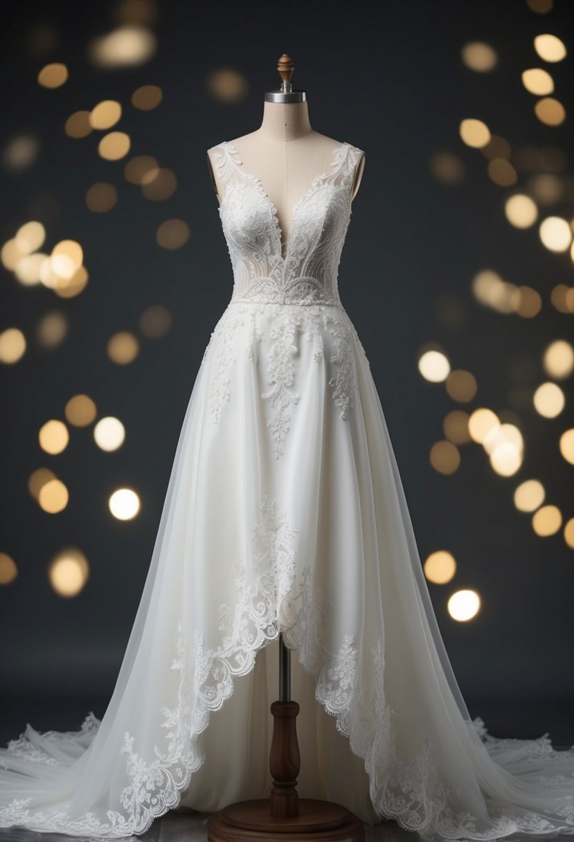 A flowing, elegant wedding dress with a high-low hem, featuring intricate lace and dramatic details