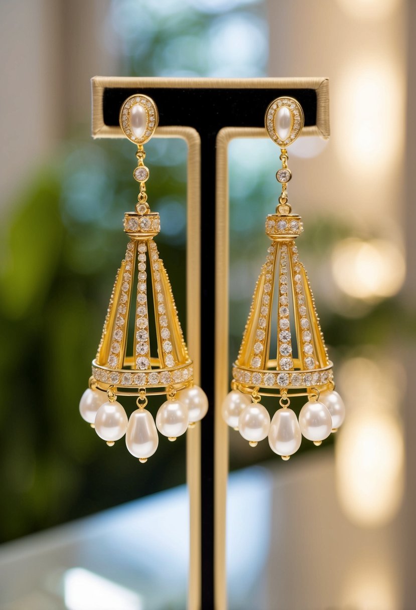 A pair of freshwater pearl and gold chandelier earrings hanging from a display stand, catching the light and sparkling in a luxurious setting