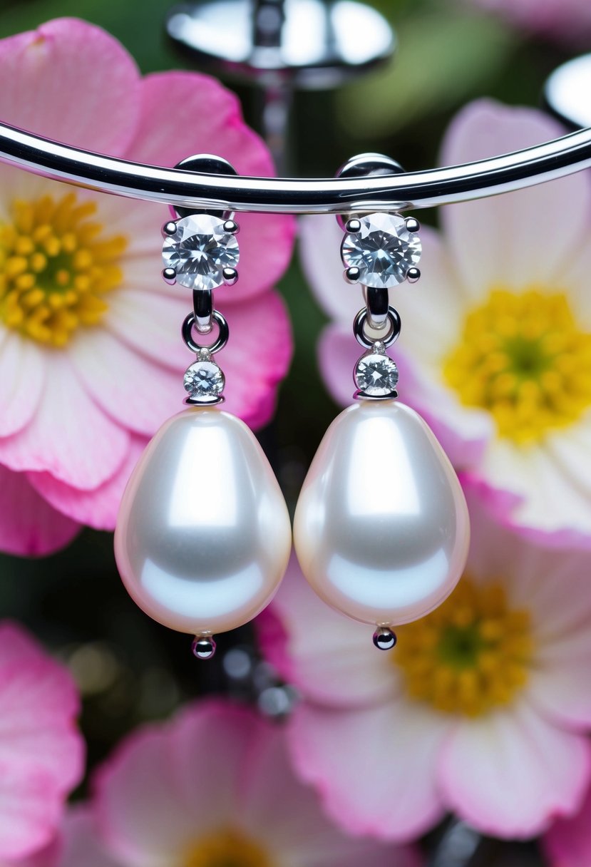 A pair of elegant pearl and diamond drop earrings, set against a background of blooming flowers and chrome accents