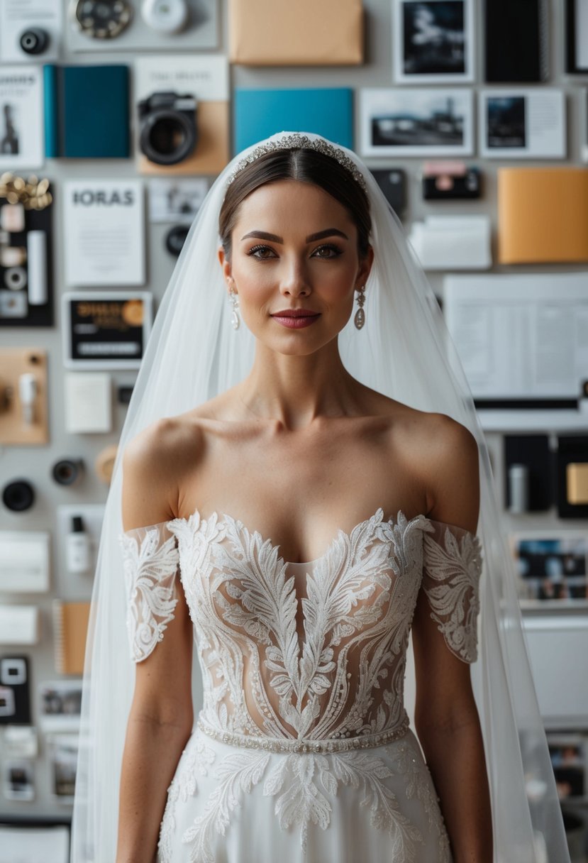 A bride in an off-shoulder wedding dress, surrounded by various design ideas