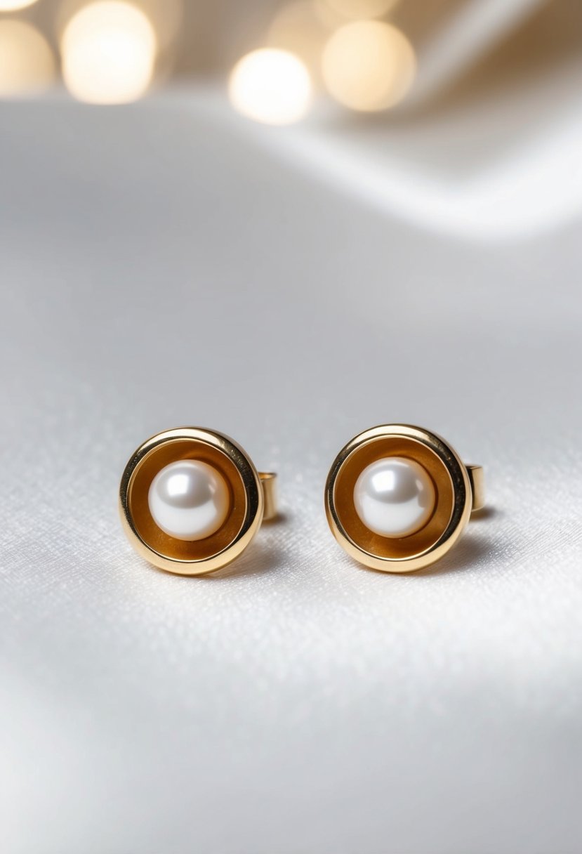 Two simple gold studs with pearl insets on a white satin background