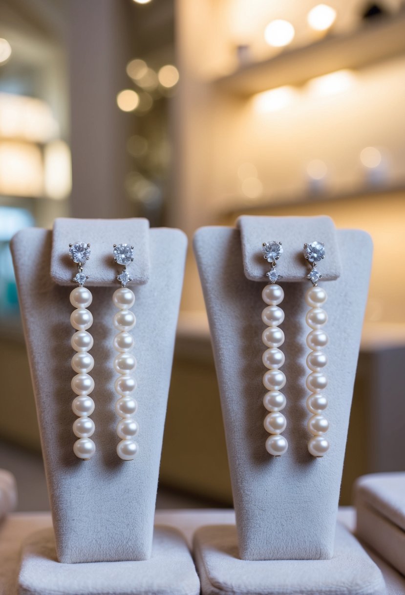 A pair of delicate pearl threader earrings adorned with sparkling diamonds, displayed on a velvet cushion in a softly lit jewelry store