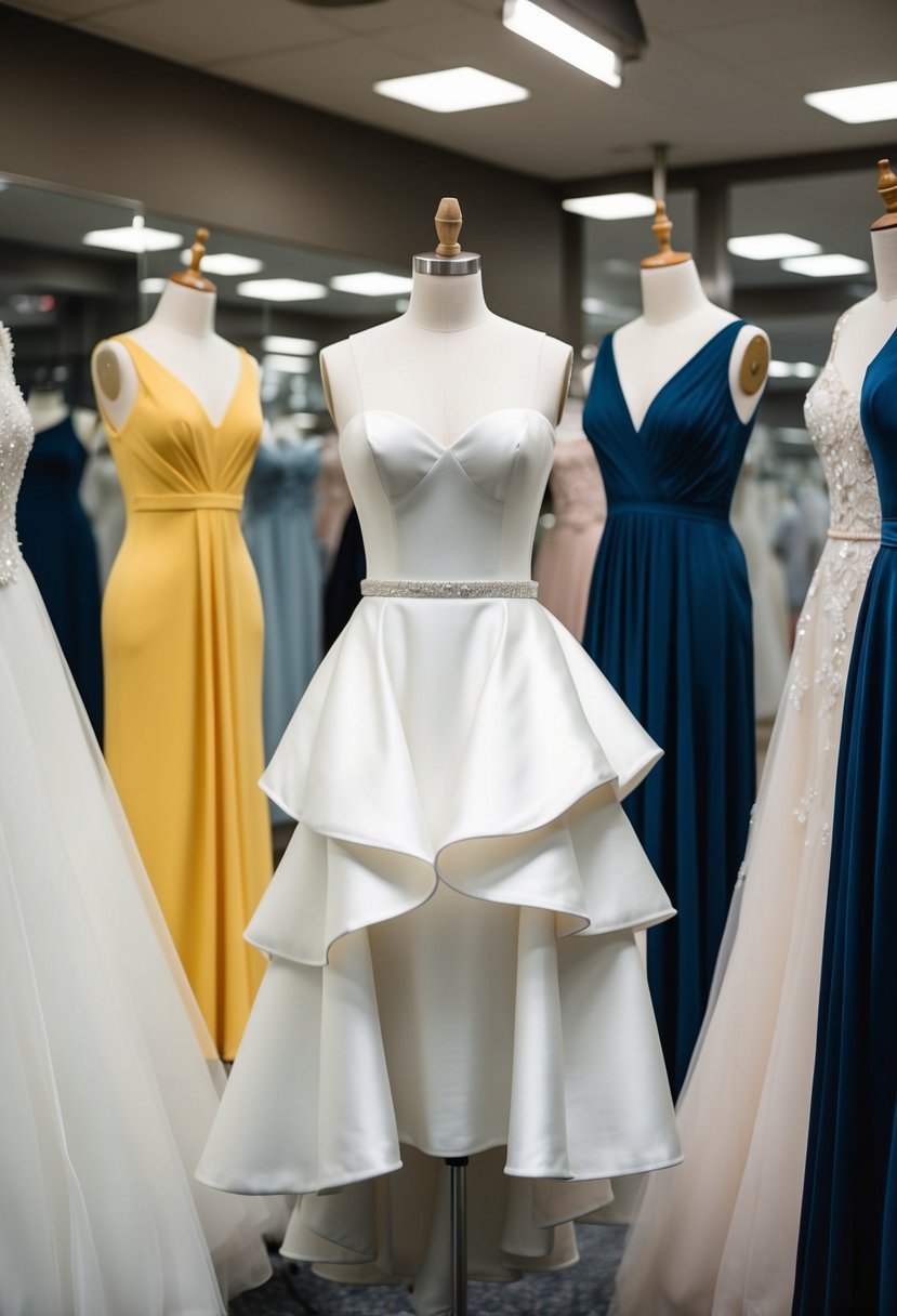 A bridal mannequin wearing a bold ruffled skirt over a classic wedding dress, surrounded by a variety of other dress options