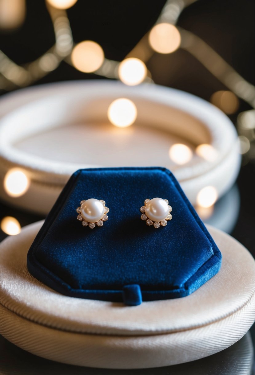 A pair of elegant pearl and gold stud earrings displayed on a luxurious velvet cushion, with soft lighting highlighting their intricate details