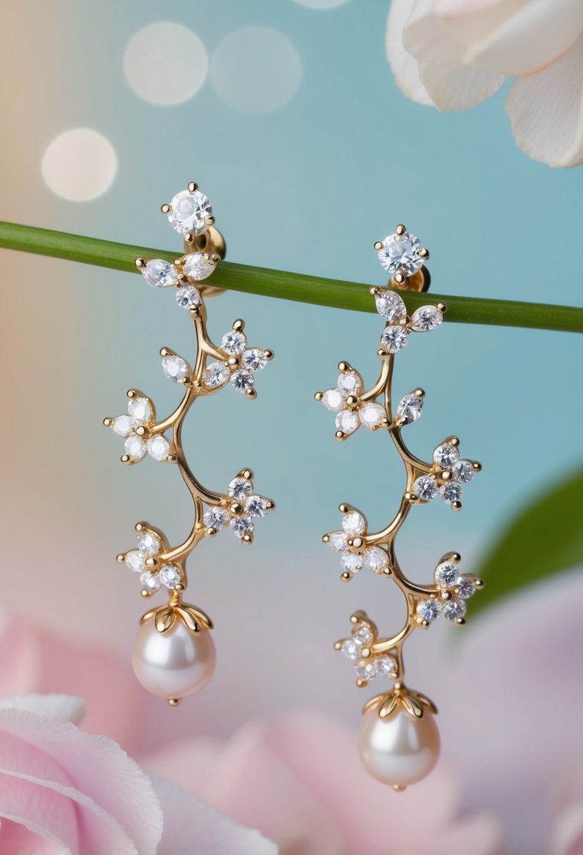 A pair of delicate floral vine earrings with lustrous freshwater pearls and sparkling diamonds, arranged against a soft, pastel-colored background