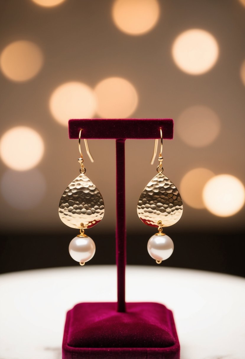 A pair of hammered gold and pearl drop earrings resting on a velvet jewelry display, surrounded by soft, warm lighting