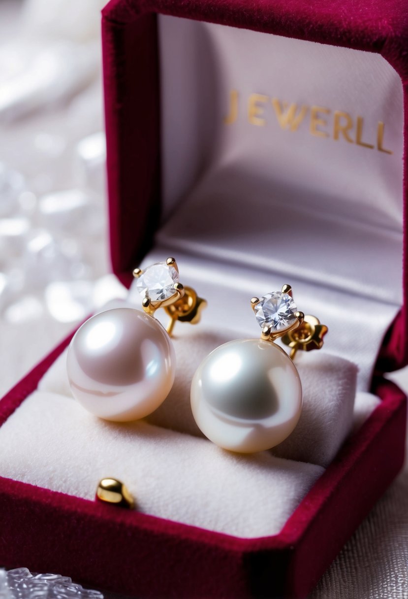 A pair of freshwater baroque pearl earrings, adorned with delicate diamonds, displayed on a velvet cushion in a softly lit jewelry box