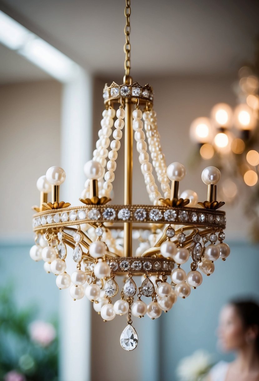 A vintage chandelier earring with pearls and diamonds, perfect for a wedding