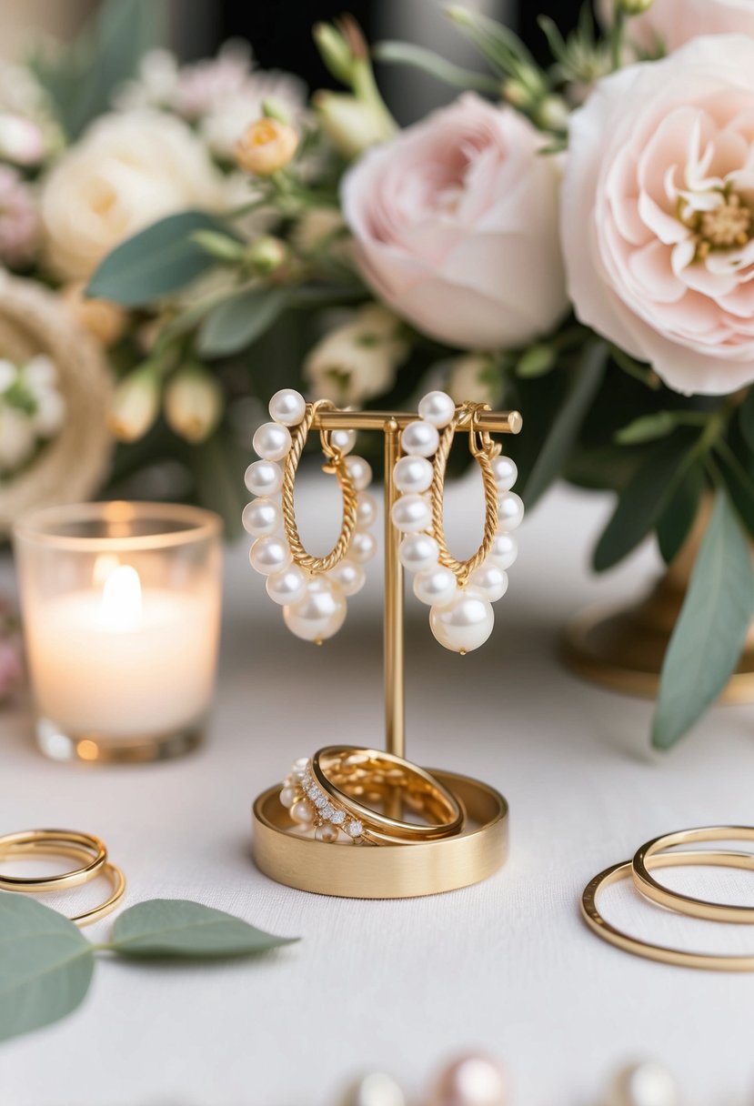 A table with bohemian pearl earrings intertwined with gold rings, surrounded by delicate floral arrangements and soft, romantic lighting