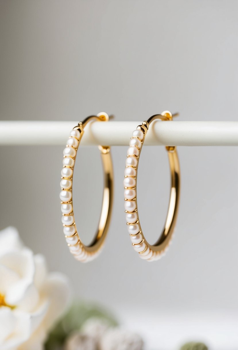 Two gold hoop earrings adorned with lustrous freshwater pearls dangle elegantly against a soft, neutral backdrop, capturing the essence of refined wedding elegance