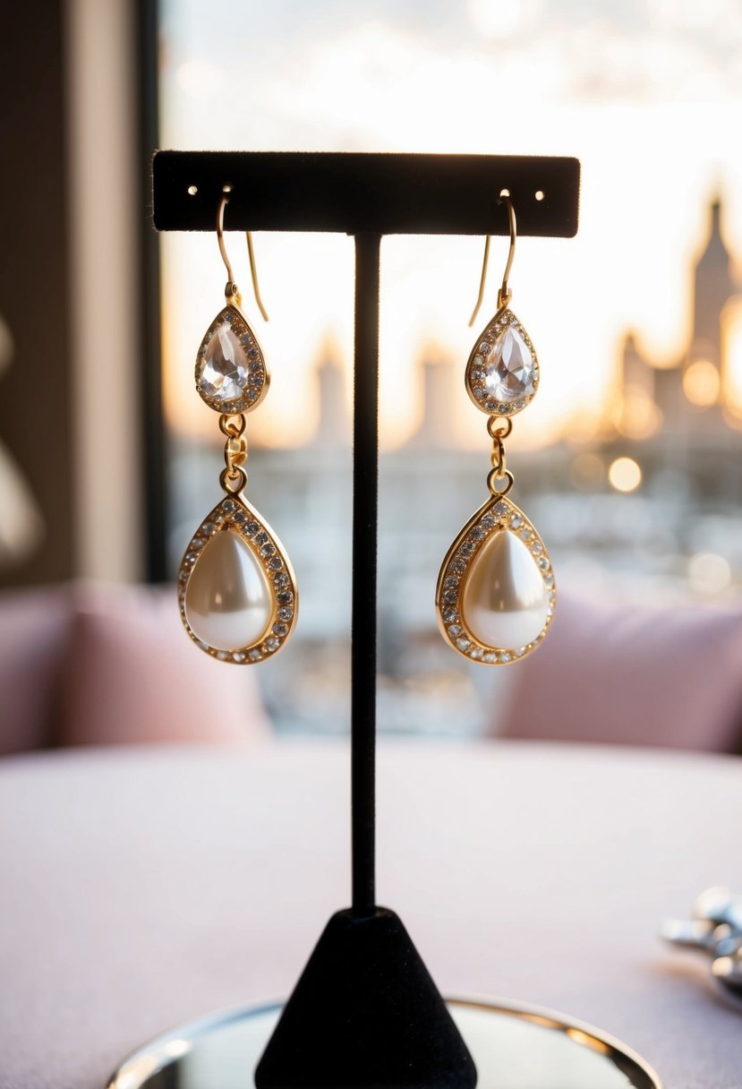 A pair of gold teardrop pearl and Swarovski crystal earrings, delicately hanging from a display stand, catching the light in a romantic setting