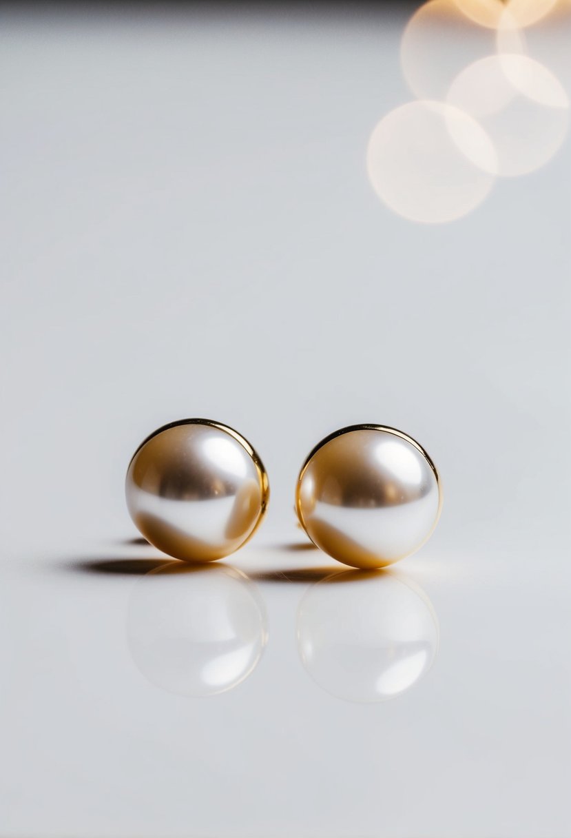 Two gold pearl studs on a white minimalist background