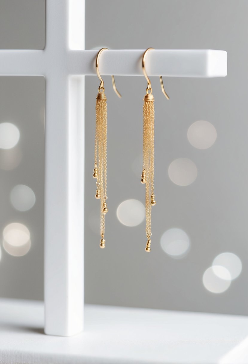 Two delicate gold threader earrings hang from a minimalist white display, evoking a modern and elegant wedding aesthetic