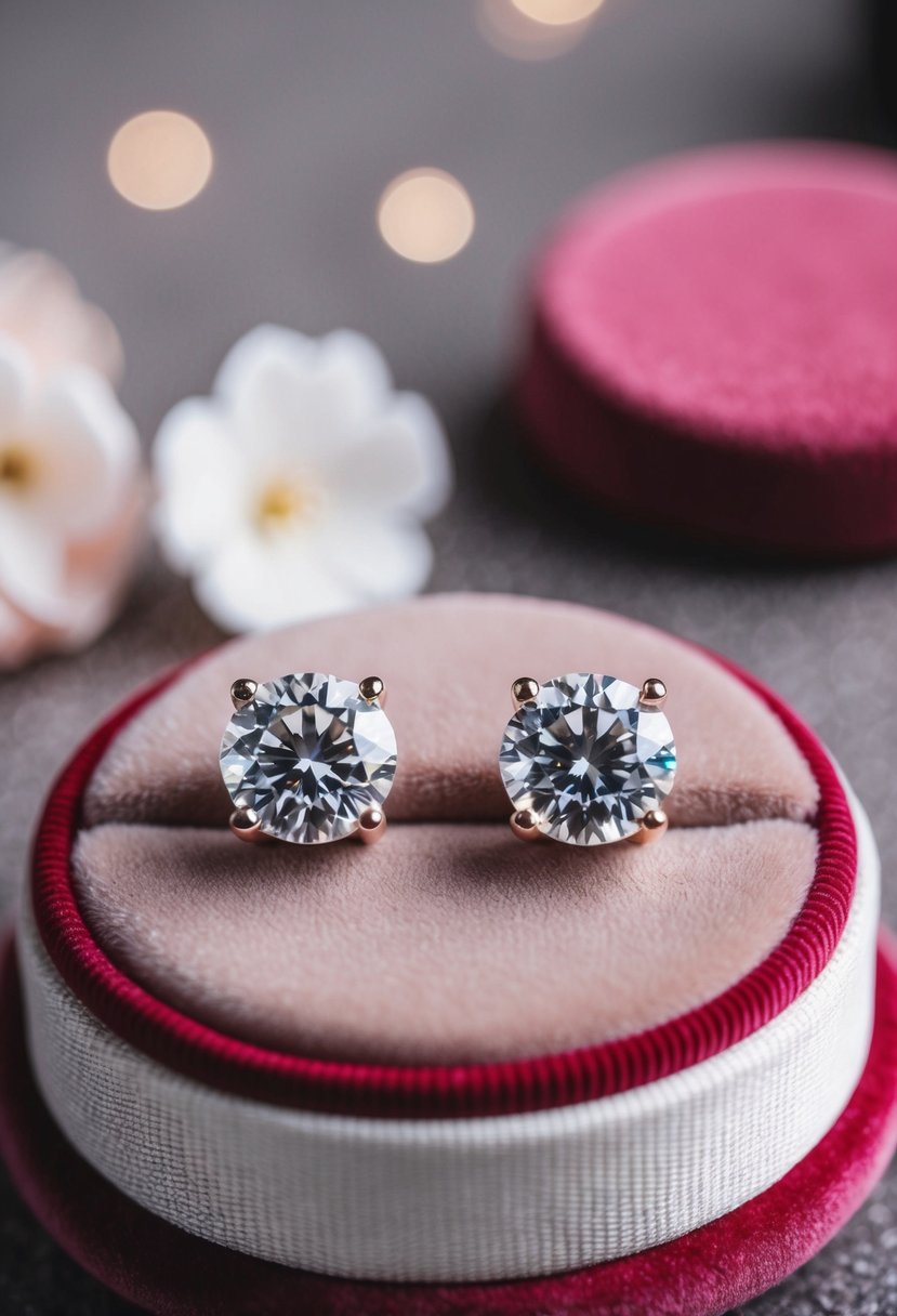 A pair of elegant diamond stud earrings on a velvet cushion