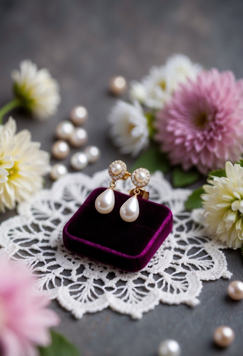 A pair of pearl drop earrings resting on a velvet cushion, surrounded by delicate lace and flowers