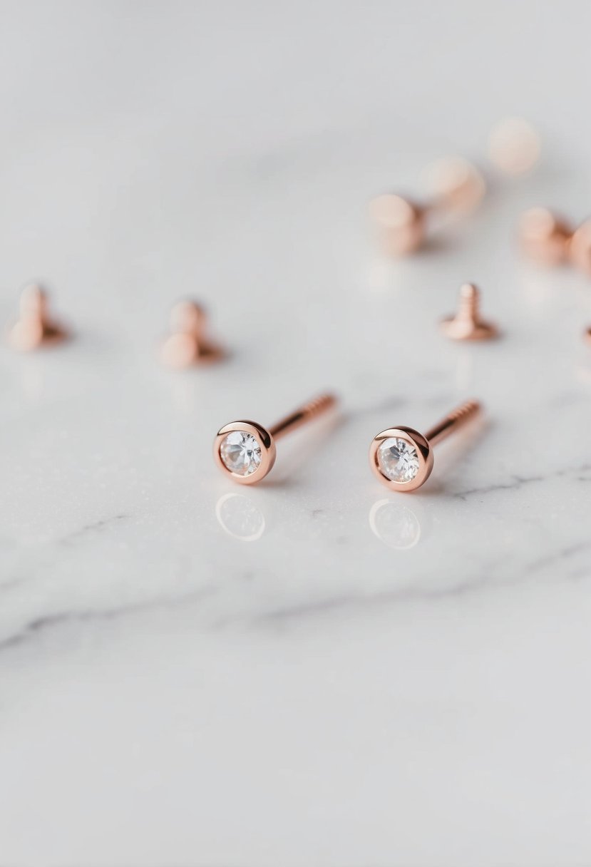 A close-up of delicate rose gold studs on a white marble surface