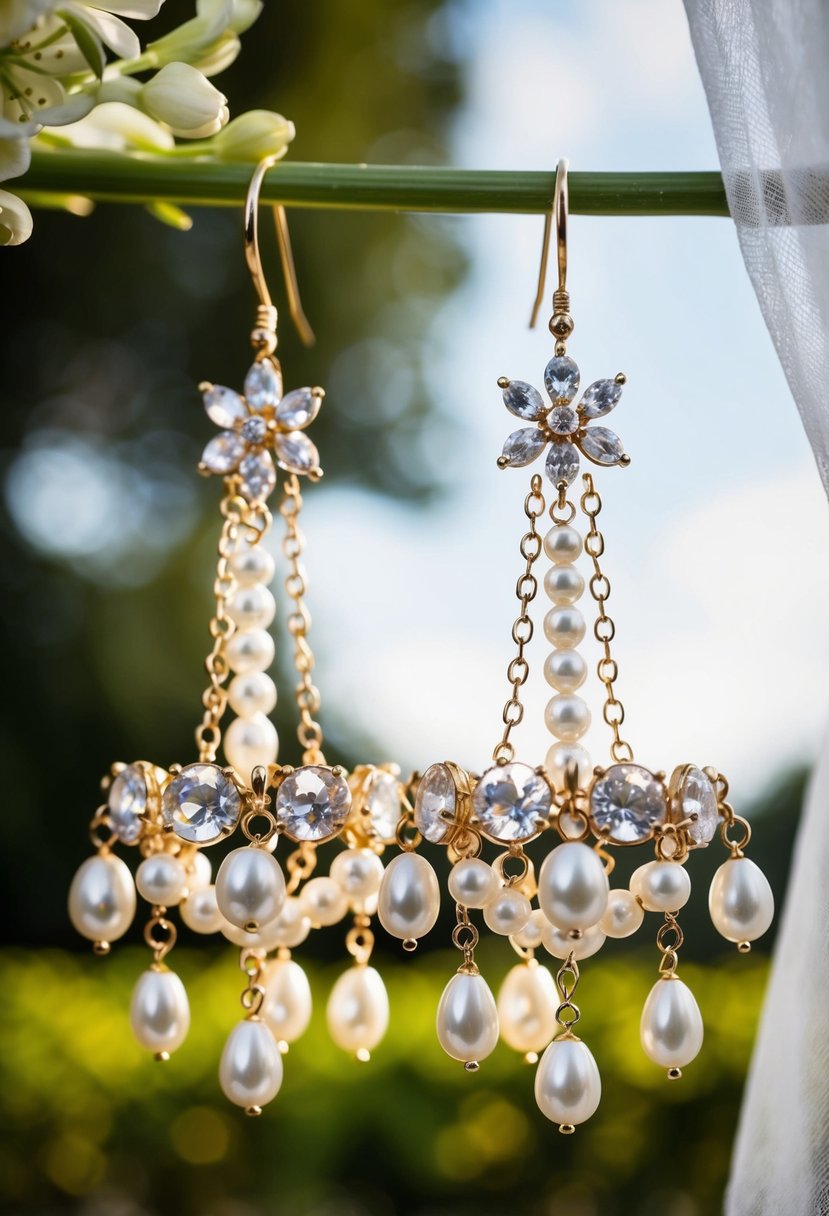 A pair of chandelier earrings adorned with delicate pearls, catching the light in a romantic wedding setting