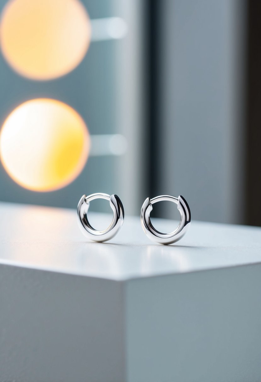 A pair of silver minimalist huggie earrings displayed on a clean, modern surface with soft lighting