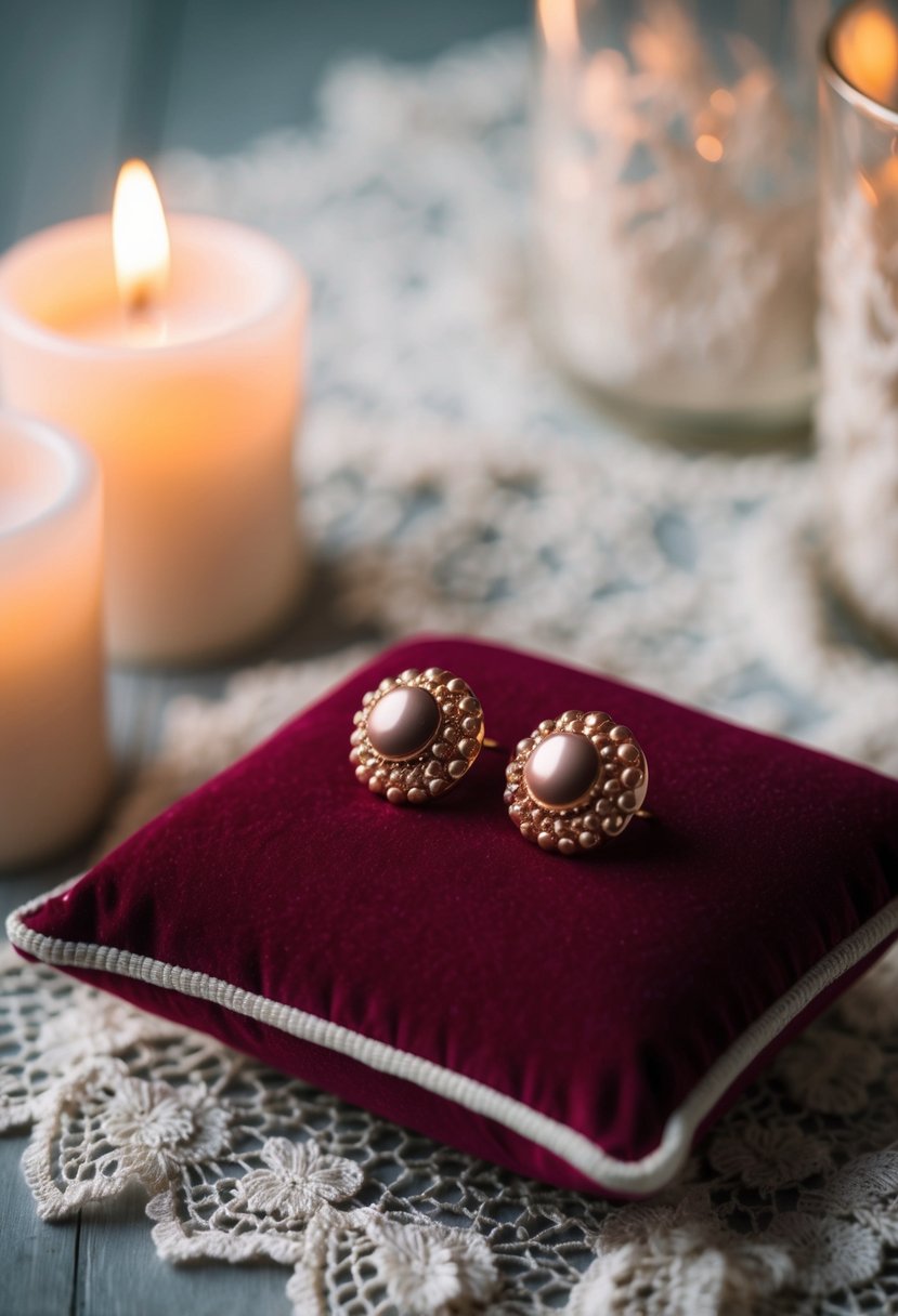 A close-up of rose gold vintage studs on a velvet cushion, surrounded by soft candlelight and delicate lace