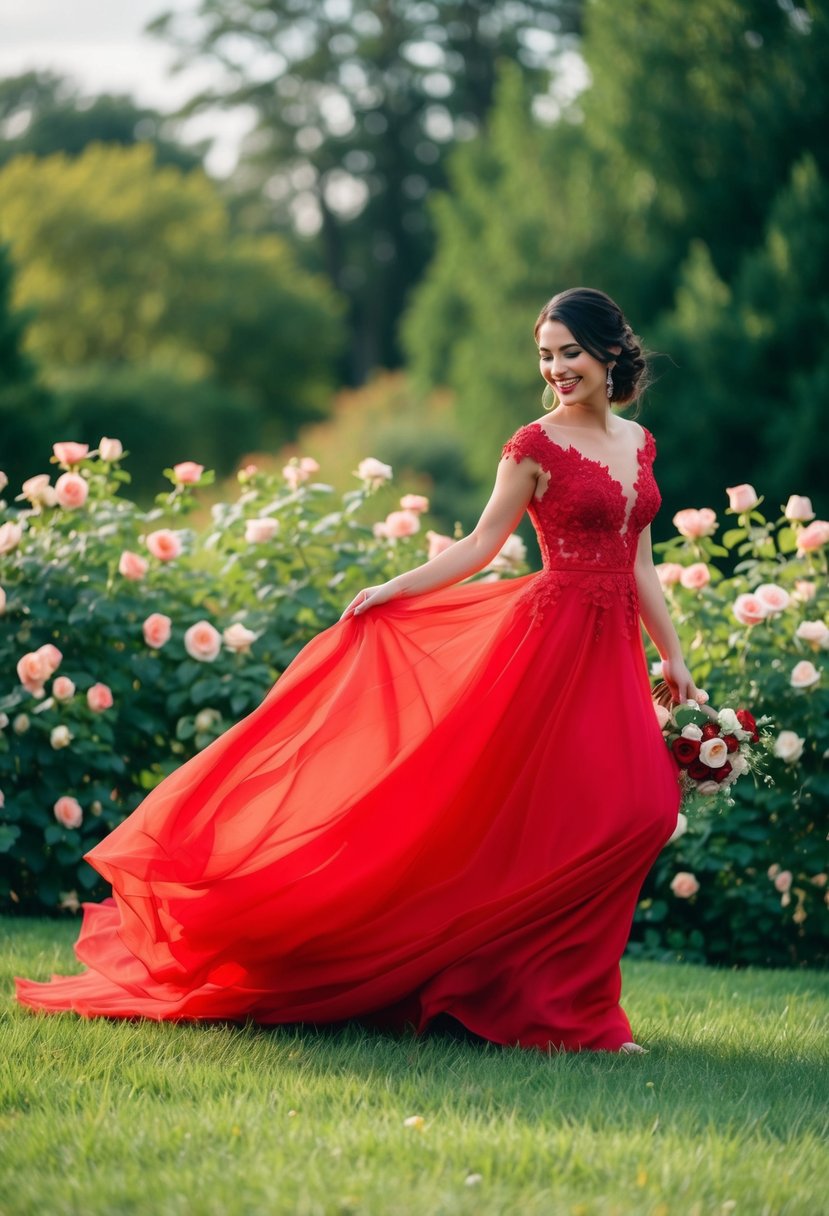 A vibrant red wedding dress flowing in the wind, surrounded by blooming roses and lush greenery