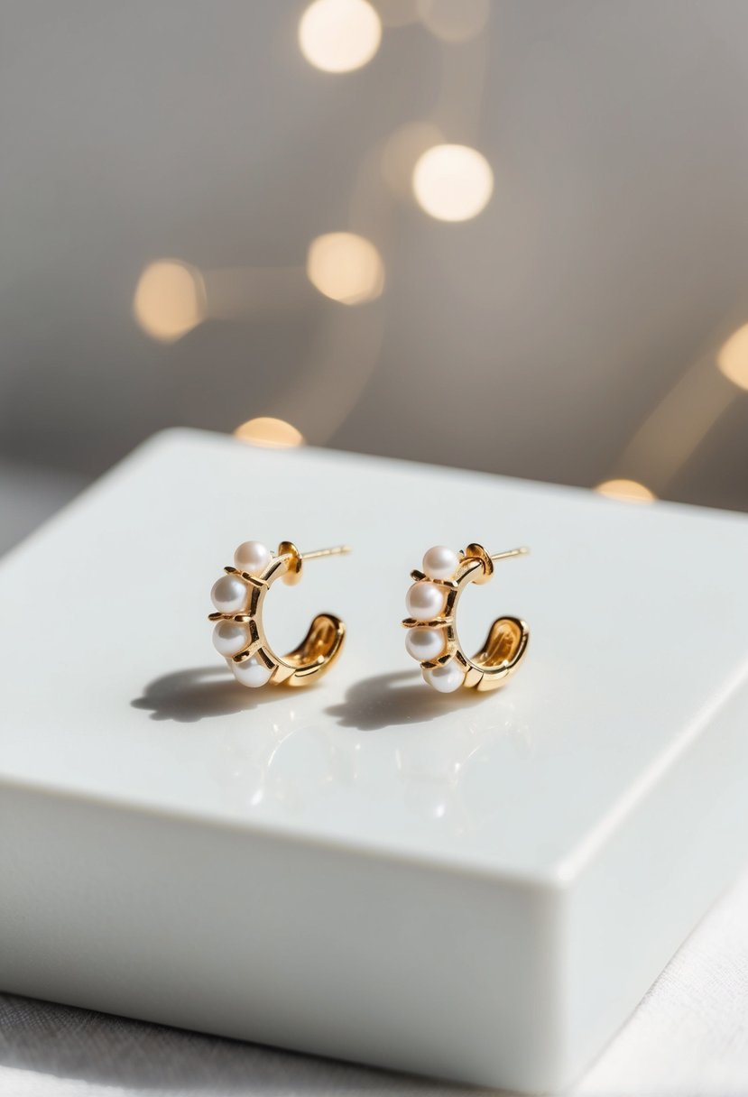 A pair of pearl and gold crawler earrings displayed on a simple, white surface with soft, natural lighting