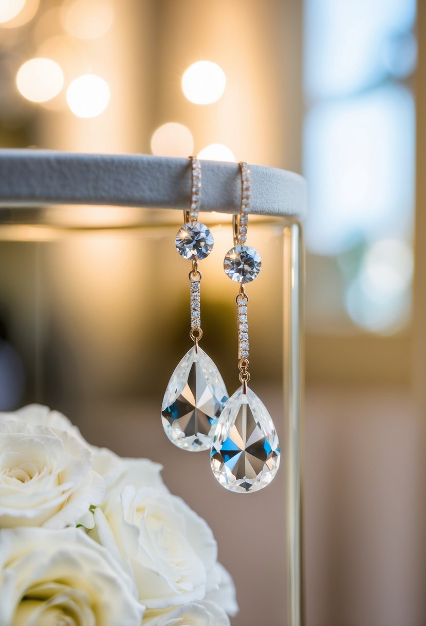 A sparkling pair of crystal teardrop earrings dangle from a velvet display, catching the light in a luxurious bridal setting