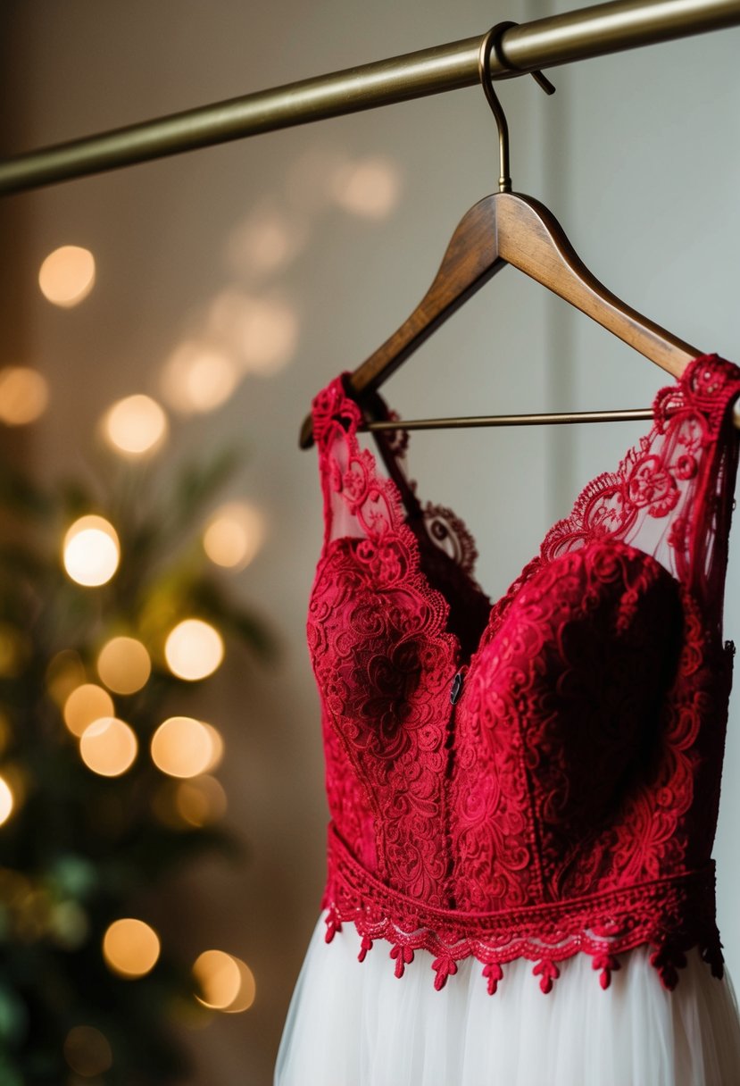 A classic red lace wedding gown hanging on a vintage brass hanger