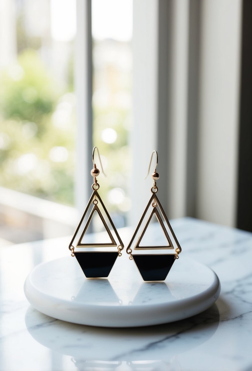 A pair of geometric drop earrings displayed on a white marble surface with soft natural light streaming in from a nearby window