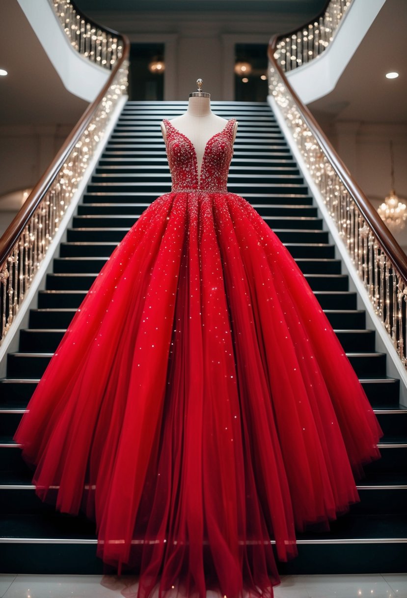 A grand red tulle ball gown cascades down a sweeping staircase. Sparkling embellishments catch the light, creating a dazzling display of glamour