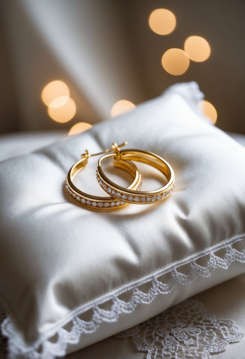 A bride's elegant gold hoop earrings resting on a lace-trimmed satin pillow