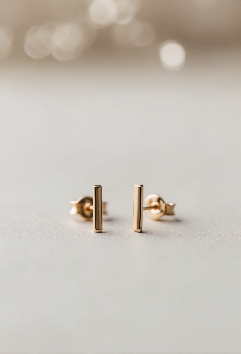 A close-up view of two simple, small bar-shaped earrings against a soft, neutral background, with a focus on their delicate and minimalist design