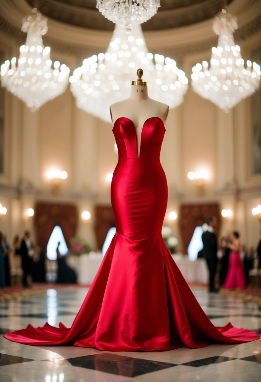 A stunning red satin mermaid dress flowing gracefully in a grand ballroom, catching the light and exuding elegance and sophistication