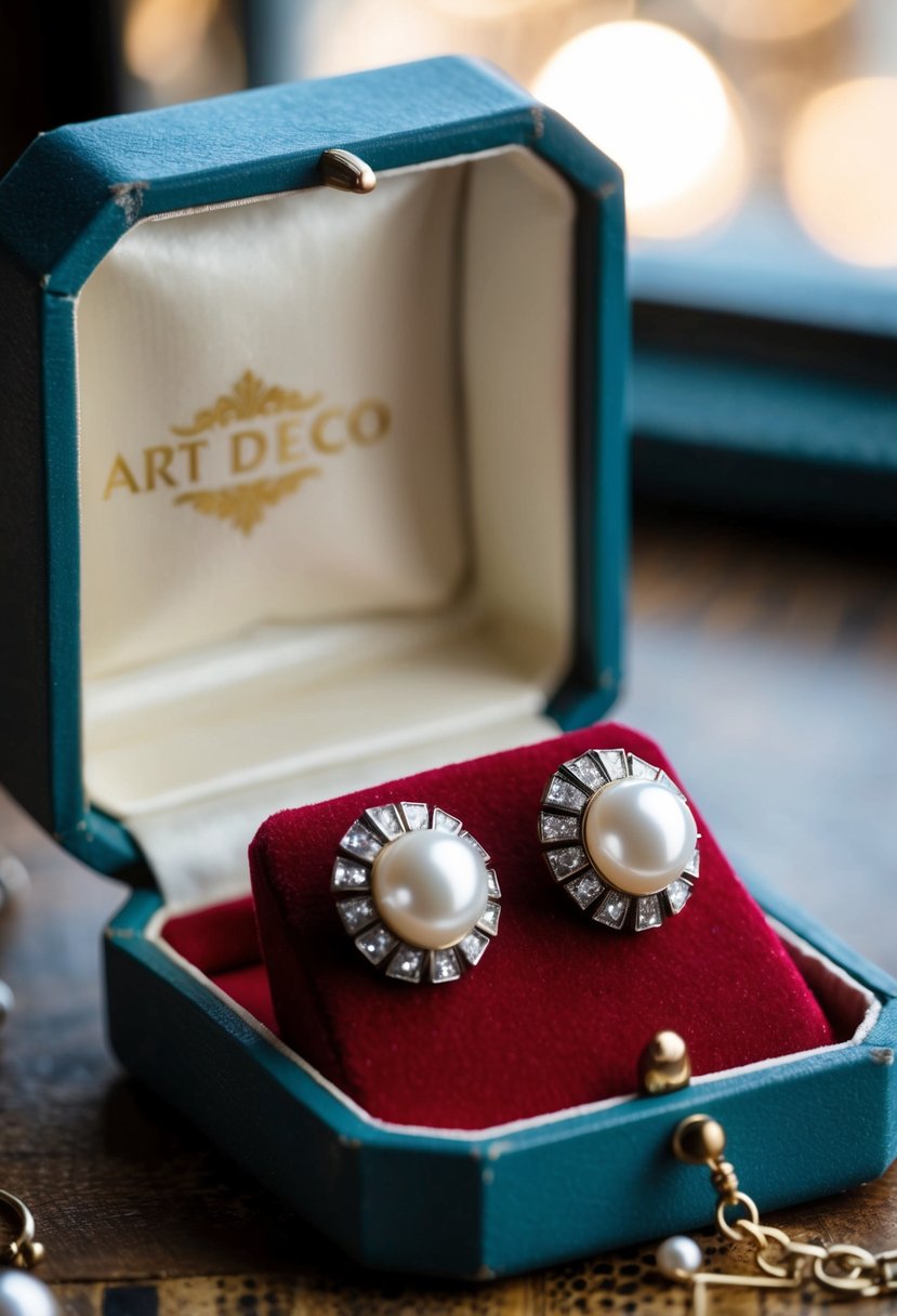 A pair of Art Deco pearl studs displayed on a velvet cushion in a vintage-inspired jewelry box