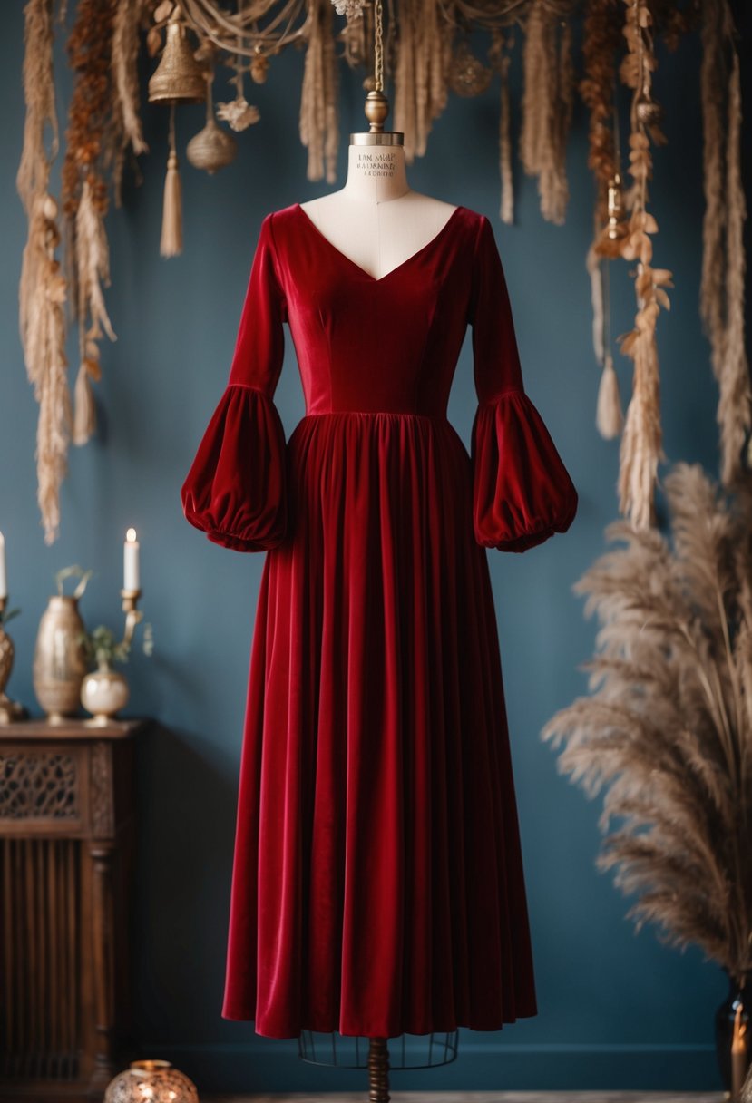 A flowing red velvet dress with billowing sleeves hangs on a vintage dress form, surrounded by ornate bohemian decor