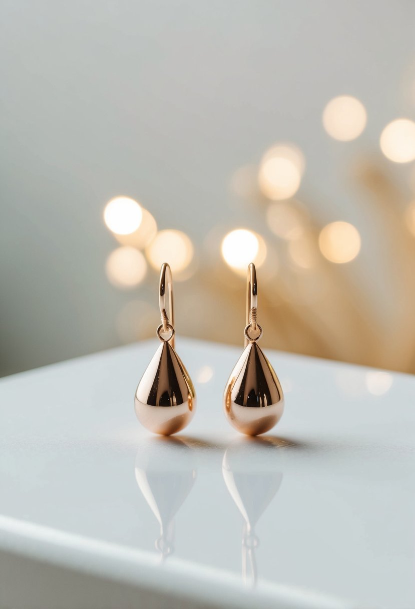 A delicate pair of teardrop earrings on a clean, white surface with soft, natural lighting