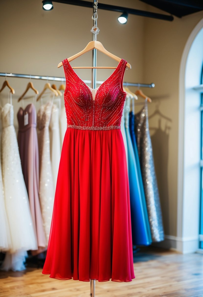 A vibrant red A-line dress with a beaded bodice, hanging on a dress form in a sunlit bridal boutique