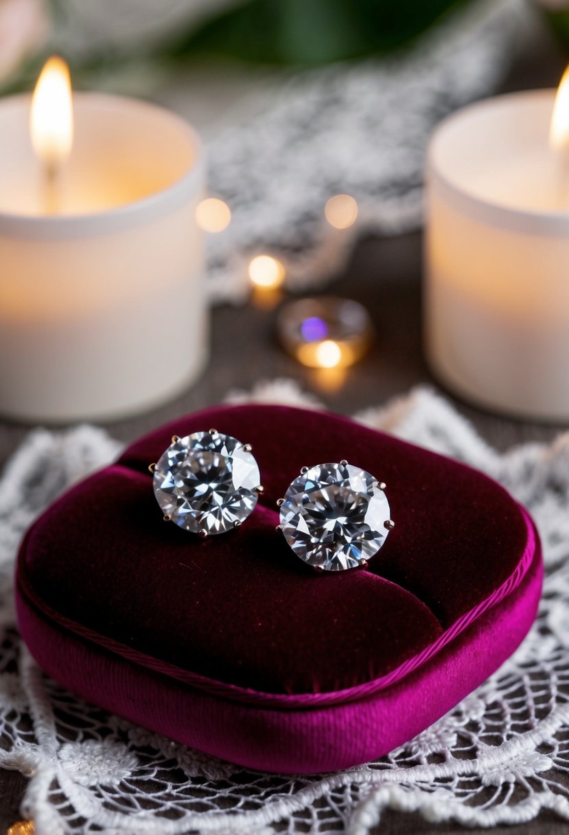 Two sparkling diamond studs rest on a velvet cushion, surrounded by soft candlelight and delicate lace