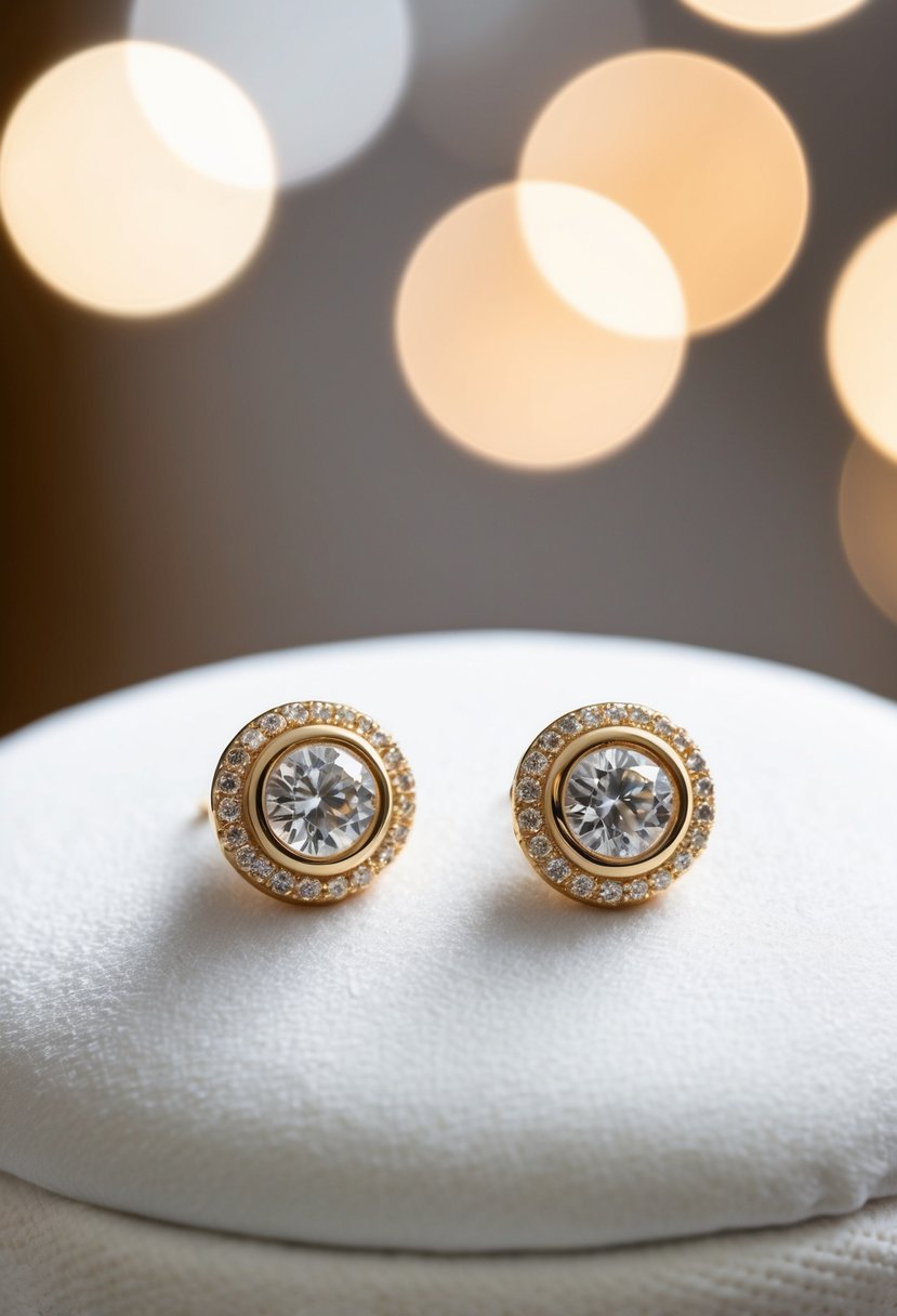 Two gold halo studs on a white velvet cushion with soft lighting