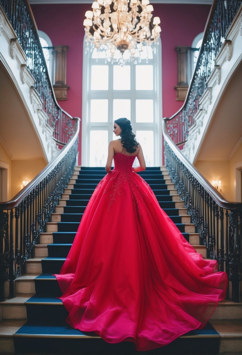 A vibrant red strapless princess gown flowing down a grand staircase