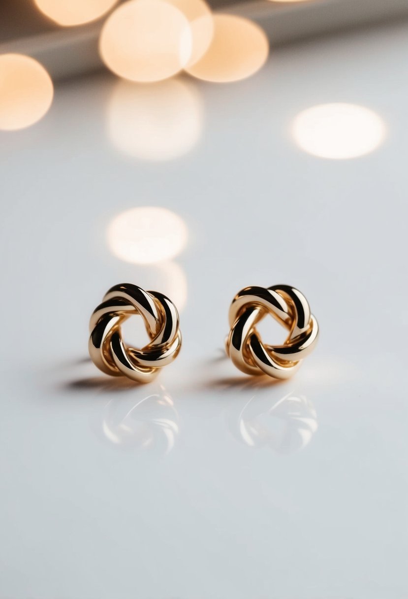 A pair of simple knot stud earrings on a clean, white background