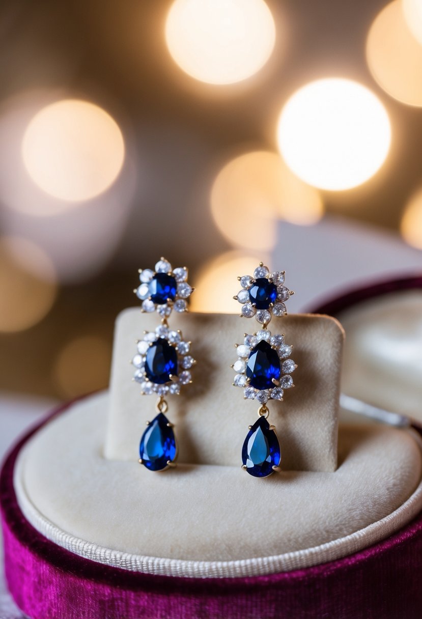 A pair of vintage-inspired sapphire drop earrings displayed on a velvet cushion with soft lighting