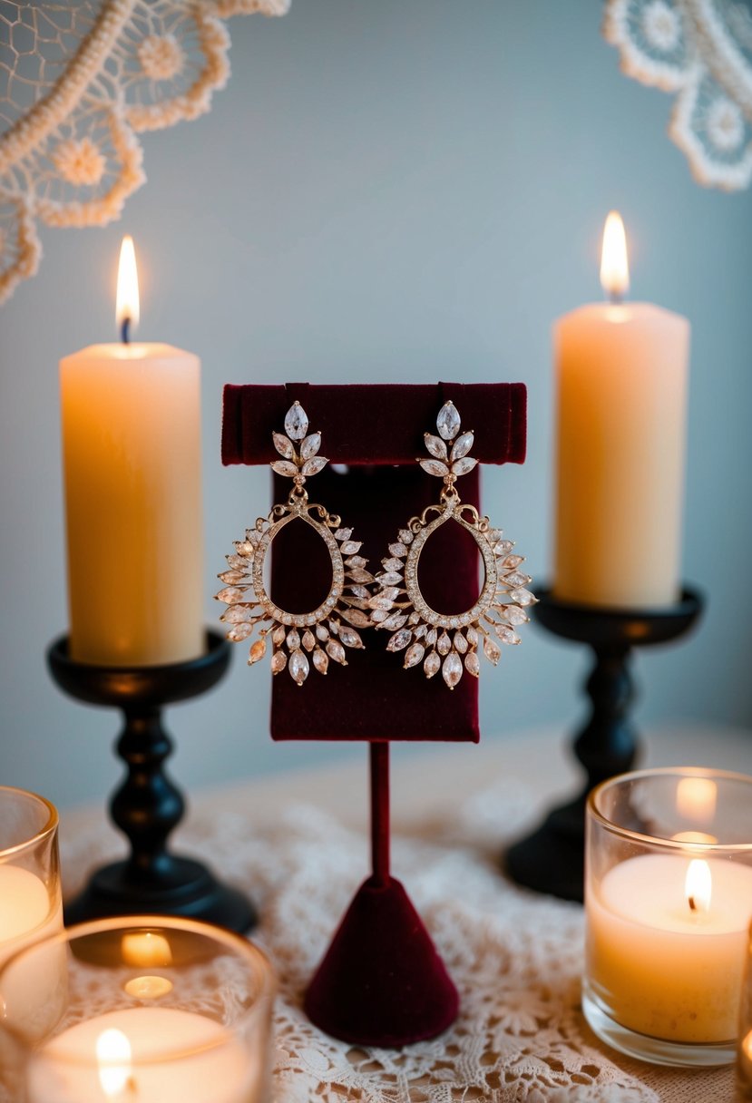 A pair of elegant, statement earrings on a velvet jewelry display, surrounded by soft candlelight and delicate lace details