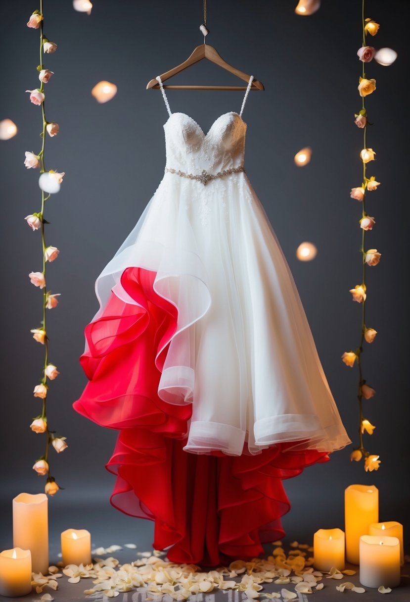 A flowing red and white wedding dress hanging from a rustic wooden hanger, surrounded by soft candlelight and delicate rose petals