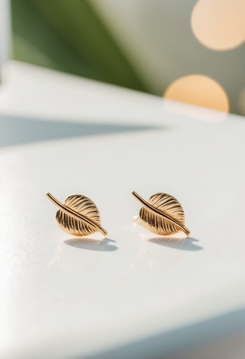 Two delicate leaf-shaped earrings on a clean, white surface with soft natural light