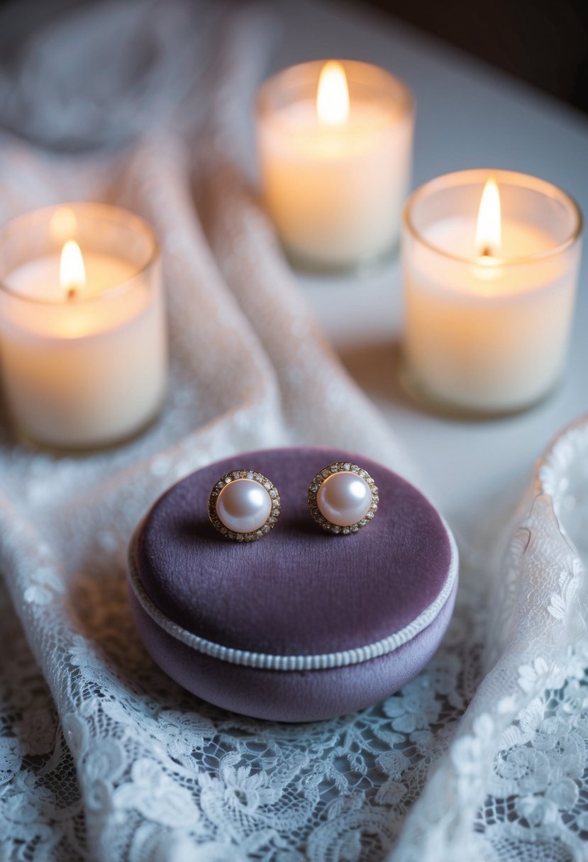 A pair of classic pearl studs resting on a velvet cushion, surrounded by soft candlelight and delicate lace fabric