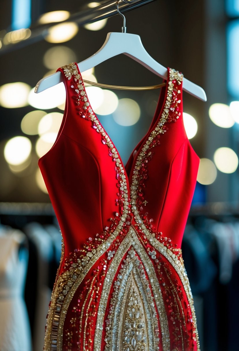 A modern red and gold embellished dress hangs on a sleek mannequin, catching the light and shimmering with intricate details