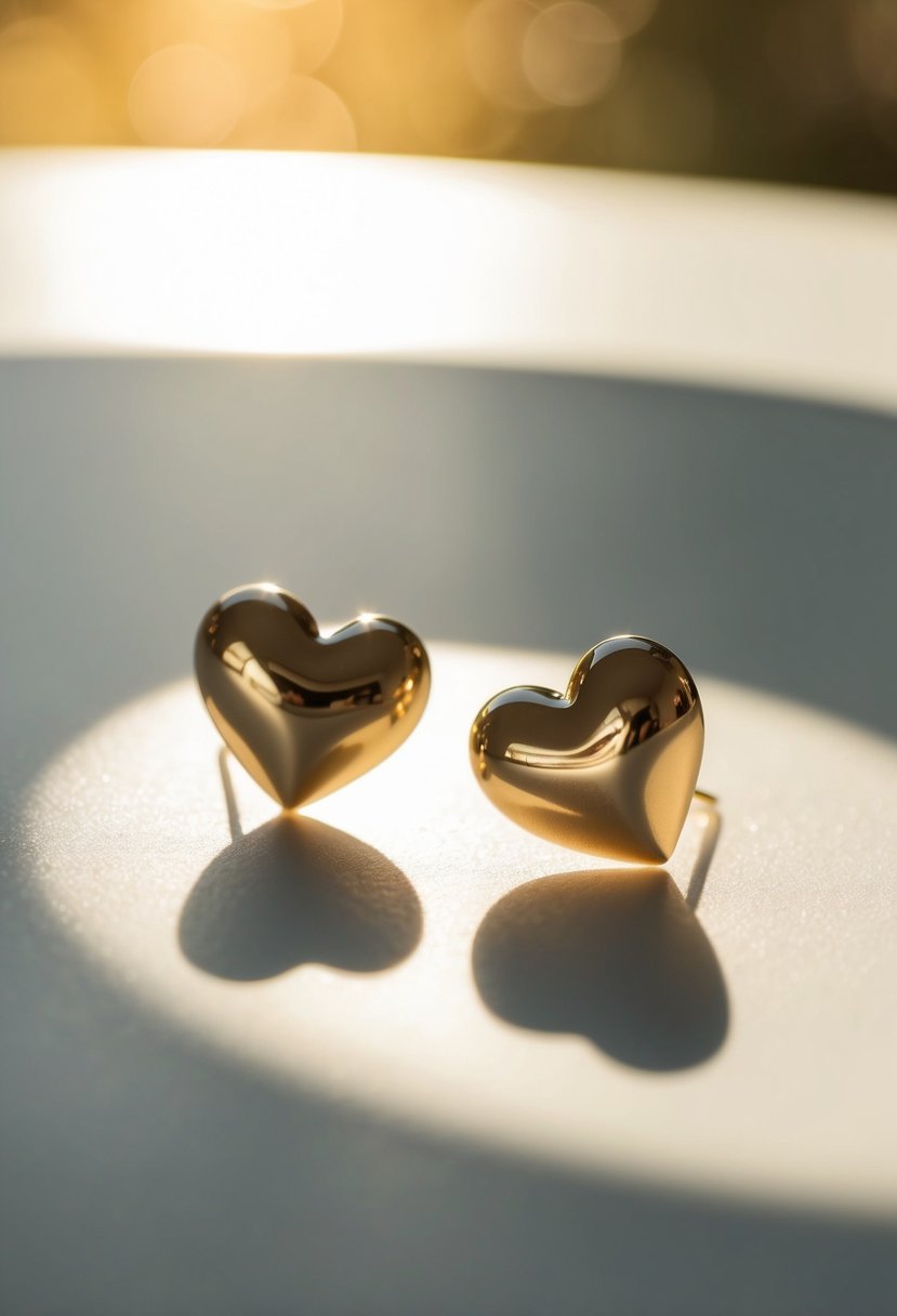 Two delicate heart-shaped earrings resting on a smooth, white surface, casting a soft shadow in the warm glow of sunlight