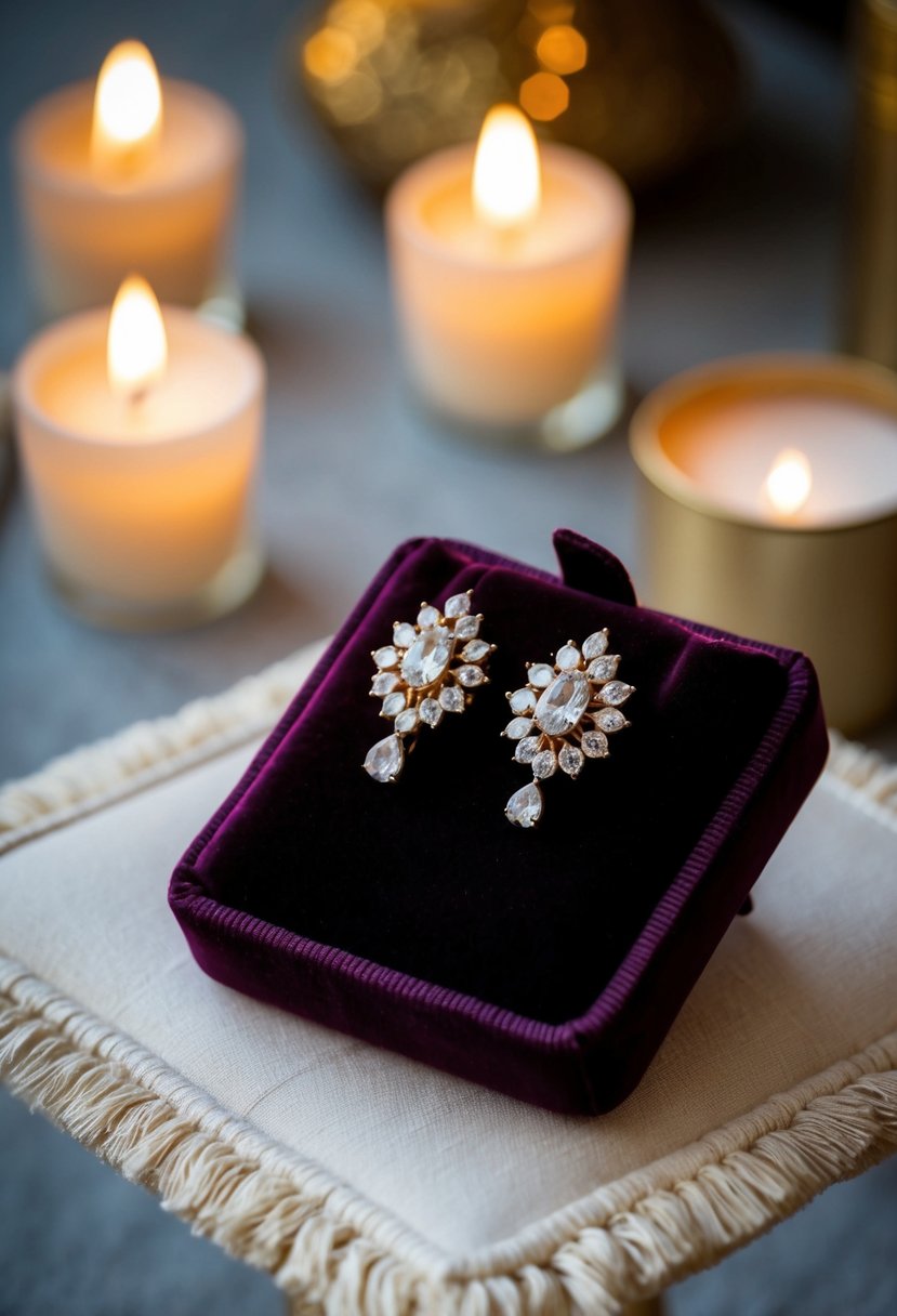 A pair of vintage gold and crystal earrings displayed on a velvet cushion, surrounded by soft candlelight