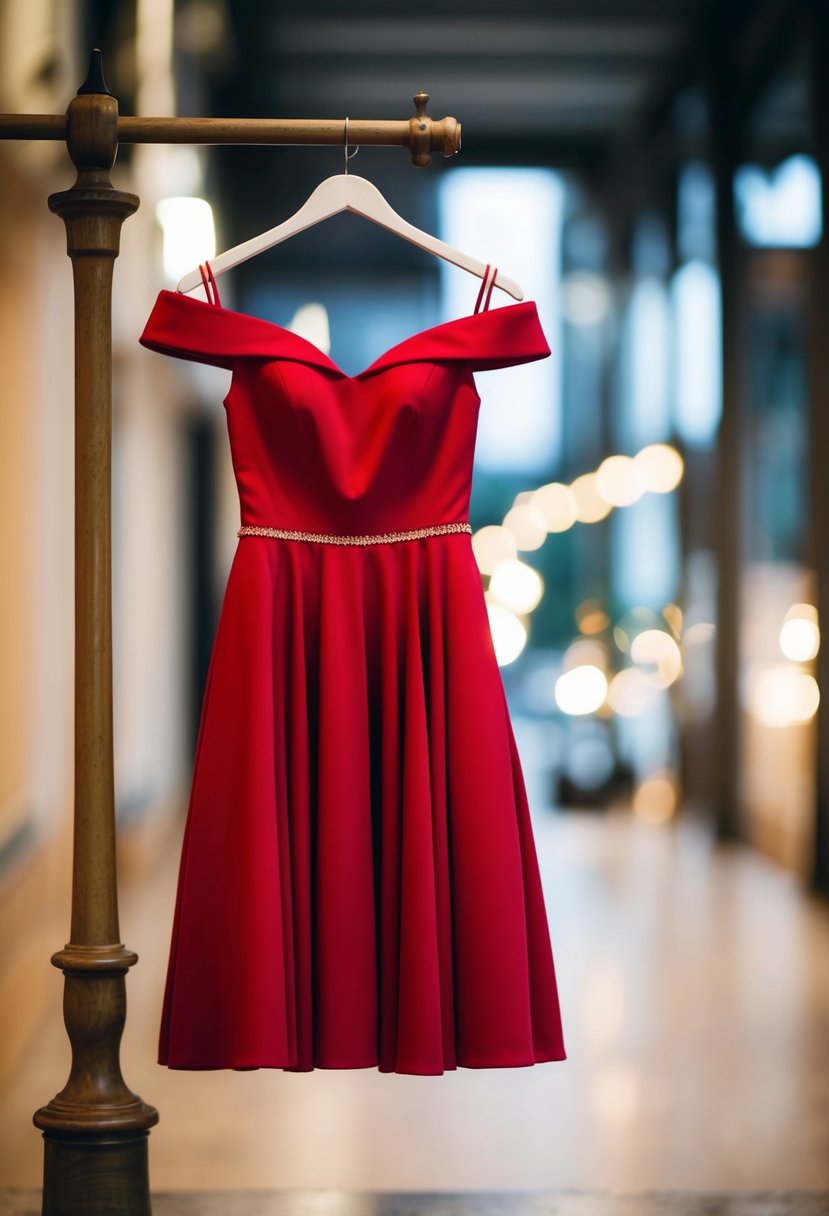 An elegant off-the-shoulder red dress hanging on a vintage coat rack