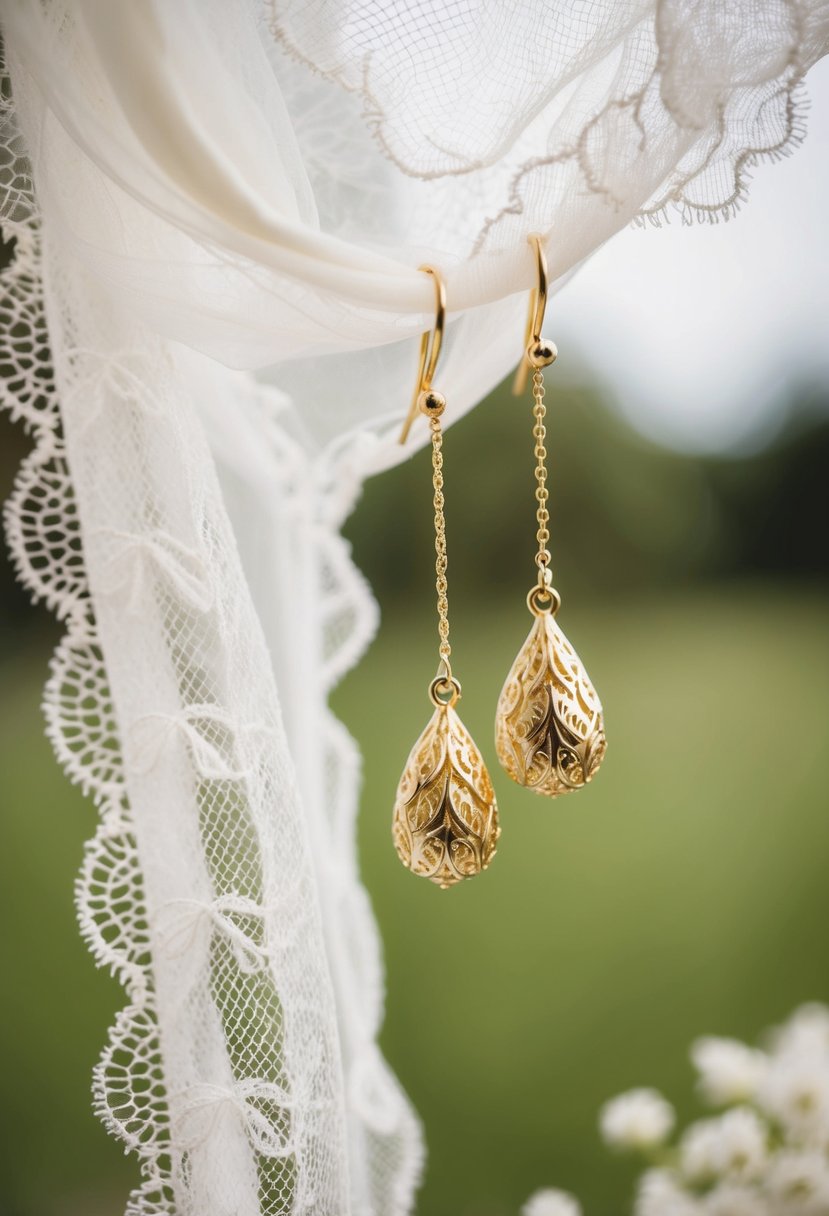 Delicate gold drop earrings on a lace bridal veil